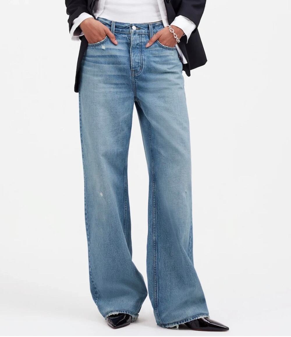 Madewell Low Slung Baggy Jeans Sz 32 NS198 Distressed Wide Leg Button Fly Cotton